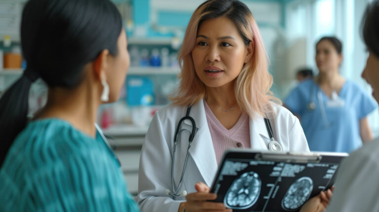 Dr talking to a patient while holding the results of mammogram scan