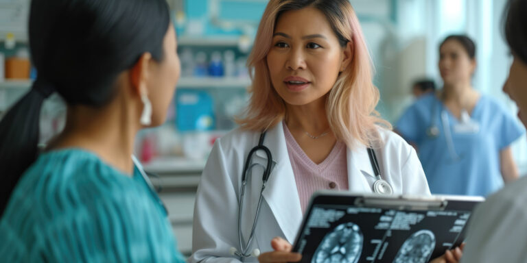 Dr talking to a patient while holding the results of mammogram scan