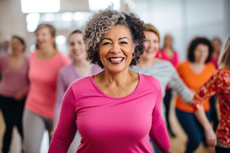Middle-aged woman standing in a fitness studio, candidly expressing happiness