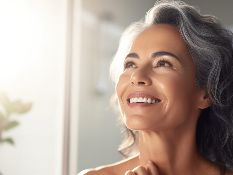 Headshot of happy mid age female adult 50 years old